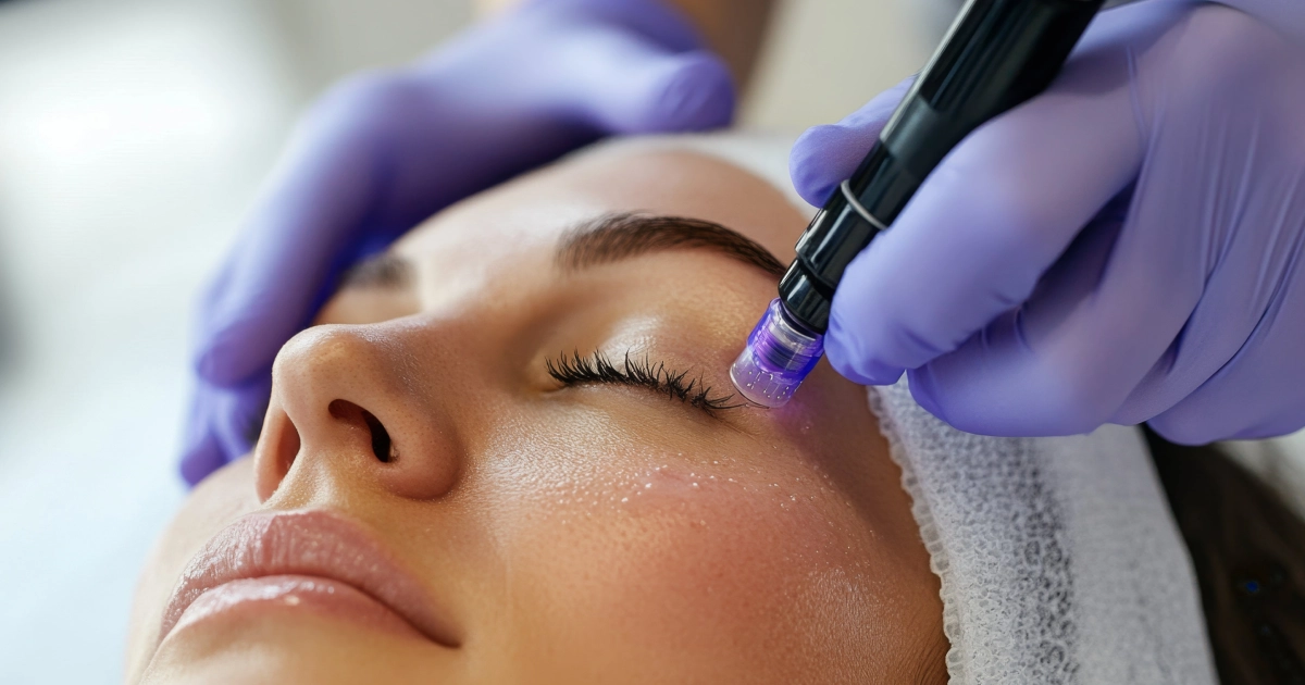 A woman with a headband receives a facial treatment using a glowing pen device applied by an esthetician in purple gloves during Microneedling in San Mateo, CA.